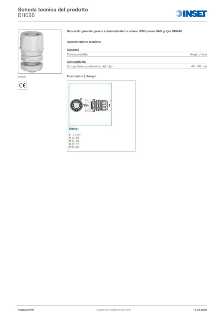Immagine Inset Scheda tecnica del prodotto B11096 | Hager Italia