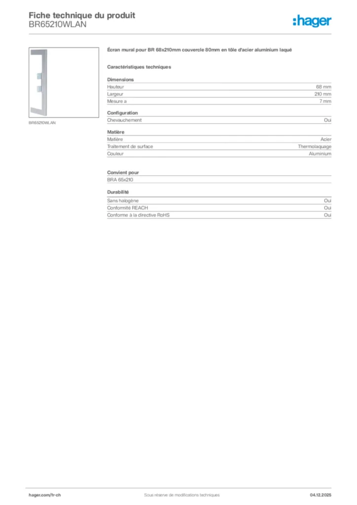 Image Hager Fiche technique du produit BR65210WLAN | Hager Suisse