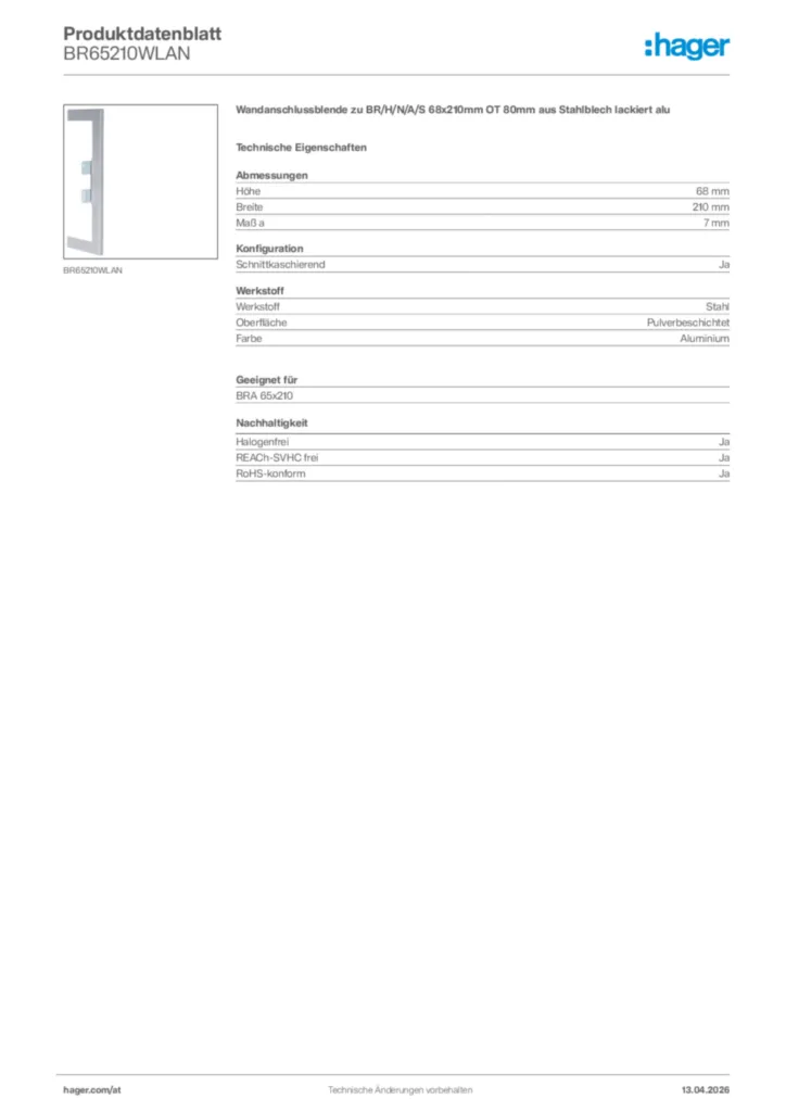 Bild Hager Produktdatenblatt BR65210WLAN | Hager Deutschland