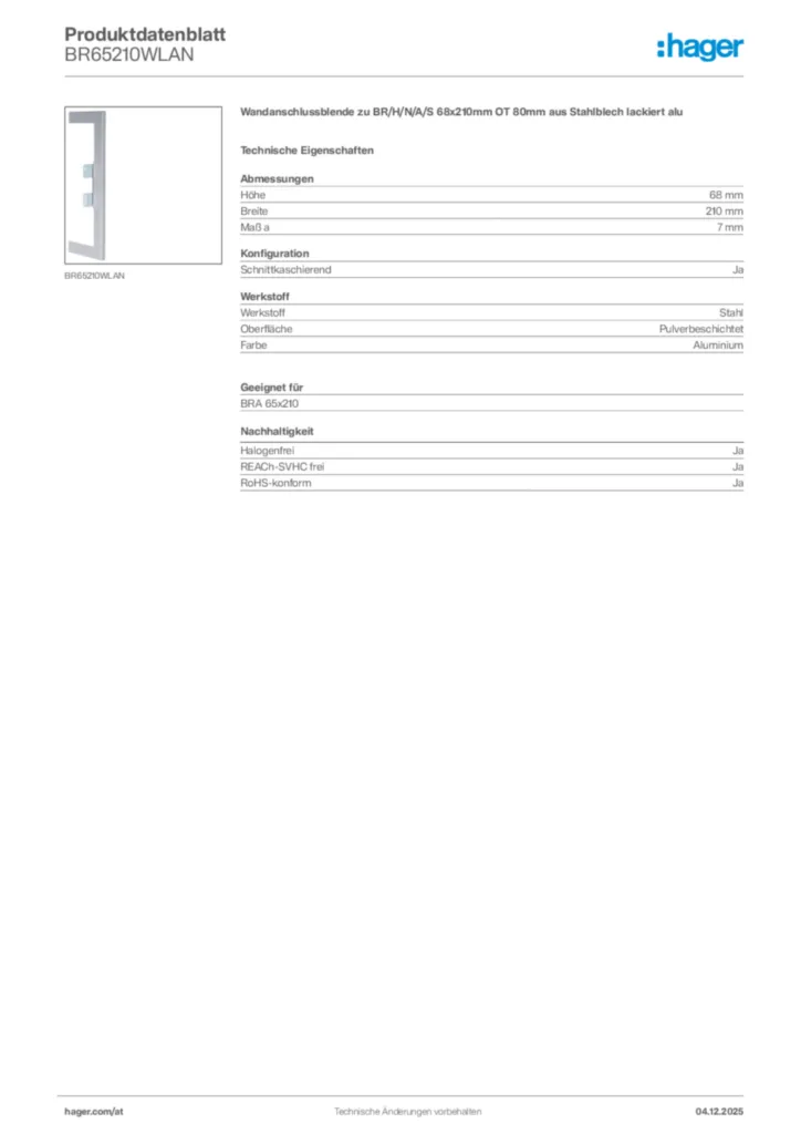 Bild Hager Produktdatenblatt BR65210WLAN | Hager Deutschland