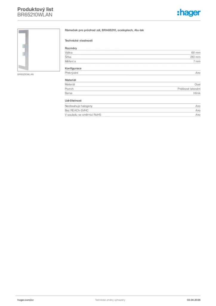 Obrázek Hager Product data sheet BR65210WLAN | Hager