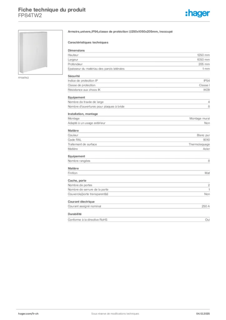 Image Hager Fiche technique du produit FP84TW2 | Hager Suisse