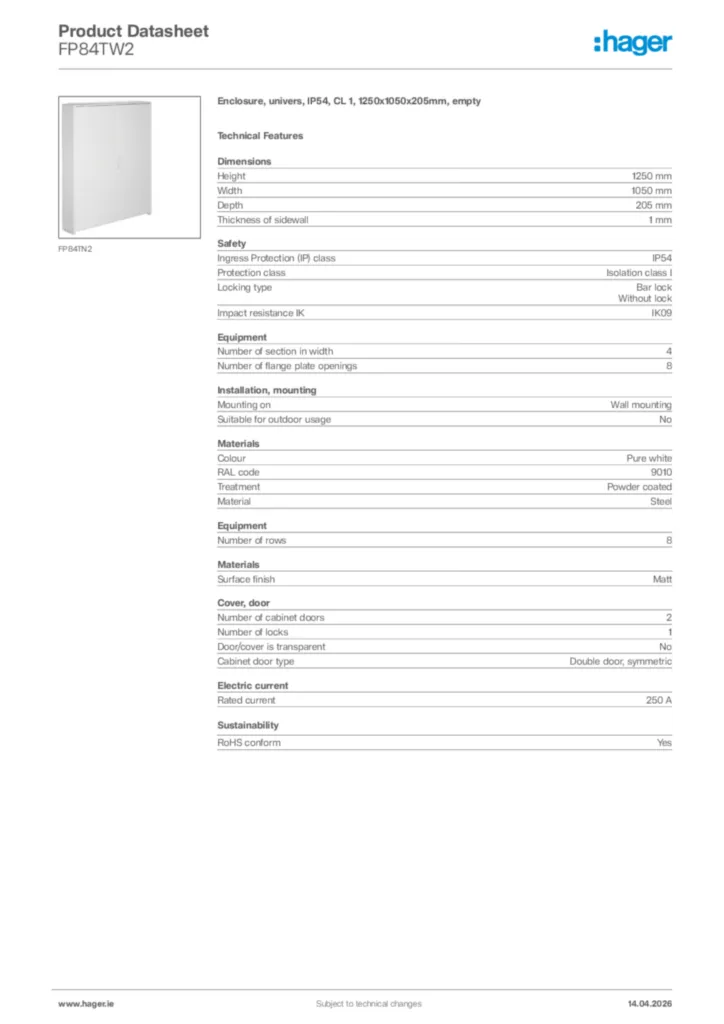 Image Hager Product data sheet FP84TW2  | Hager