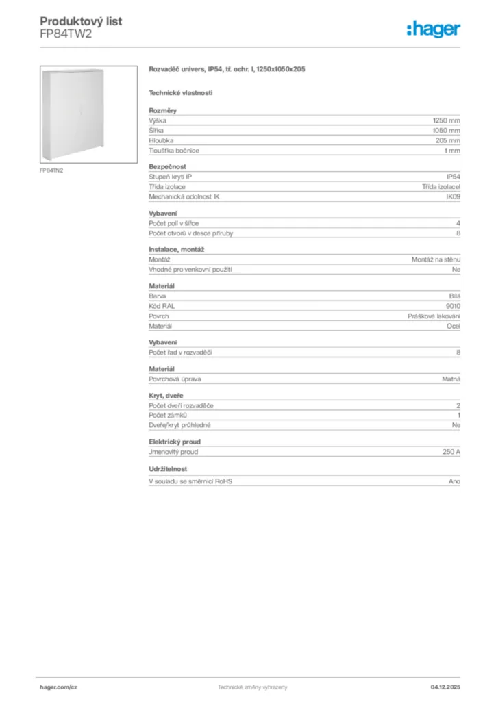 Obrázek Hager Produktový list FP84TW2 | Hager