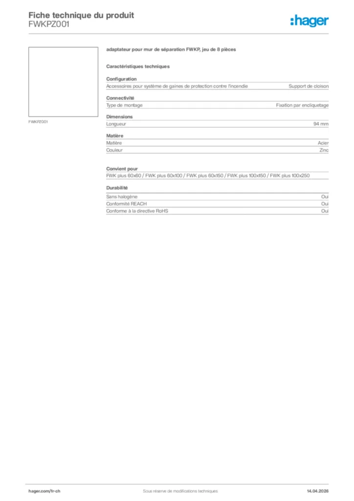 Image Hager Fiche technique du produit FWKPZ001 | Hager Suisse