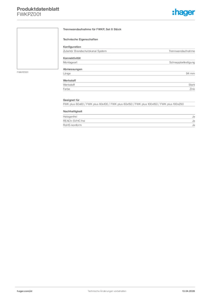 Bild Hager Produktdatenblatt FWKPZ001 | Hager Deutschland