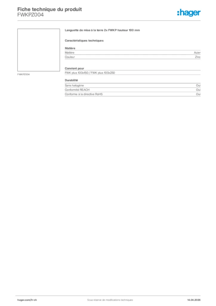 Image Hager Fiche technique du produit FWKPZ004 | Hager Suisse