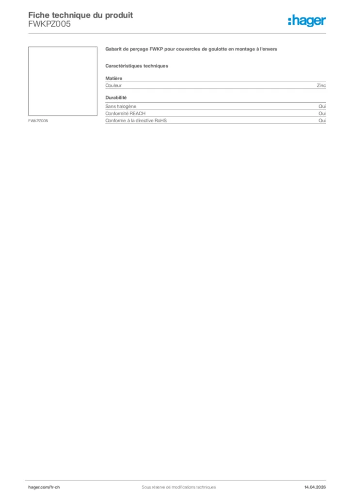 Image Hager Fiche technique du produit FWKPZ005 | Hager Suisse