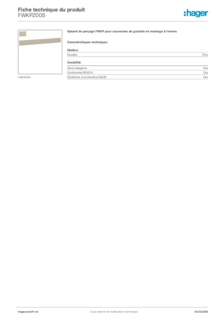 Image Hager Fiche technique du produit FWKPZ005 | Hager Suisse