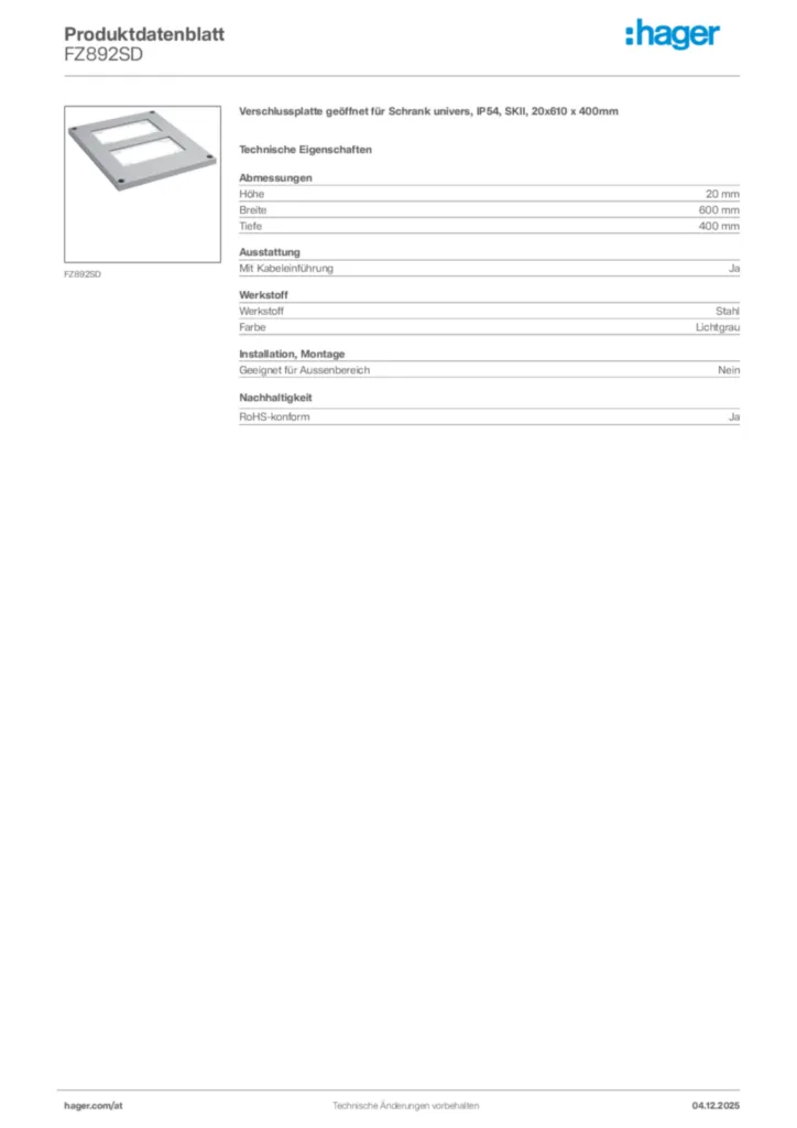 Bild Hager Produktdatenblatt FZ892SD | Hager Deutschland