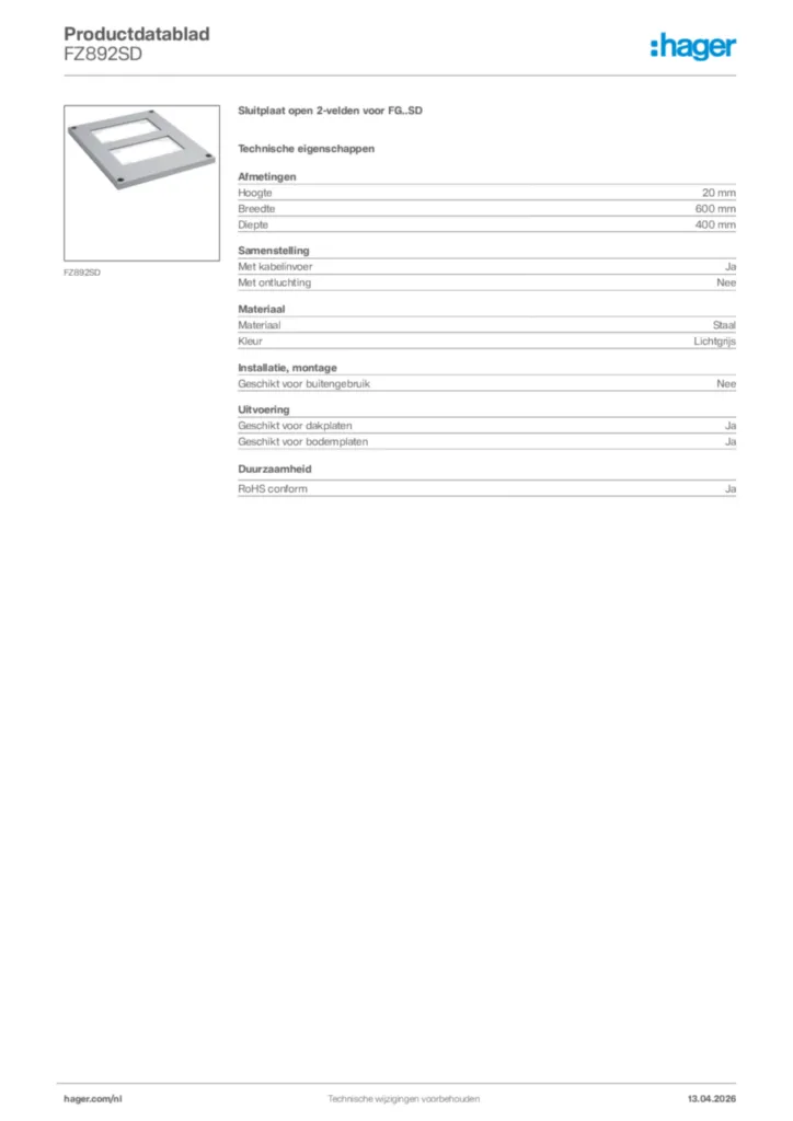 Afbeelding Hager Productdatablad FZ892SD | Hager Nederland