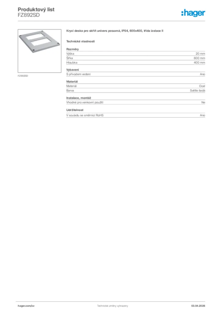 Obrázek Hager Product data sheet FZ892SD | Hager