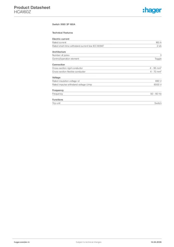 Image Hager Product data sheet HCA160Z  | Hager