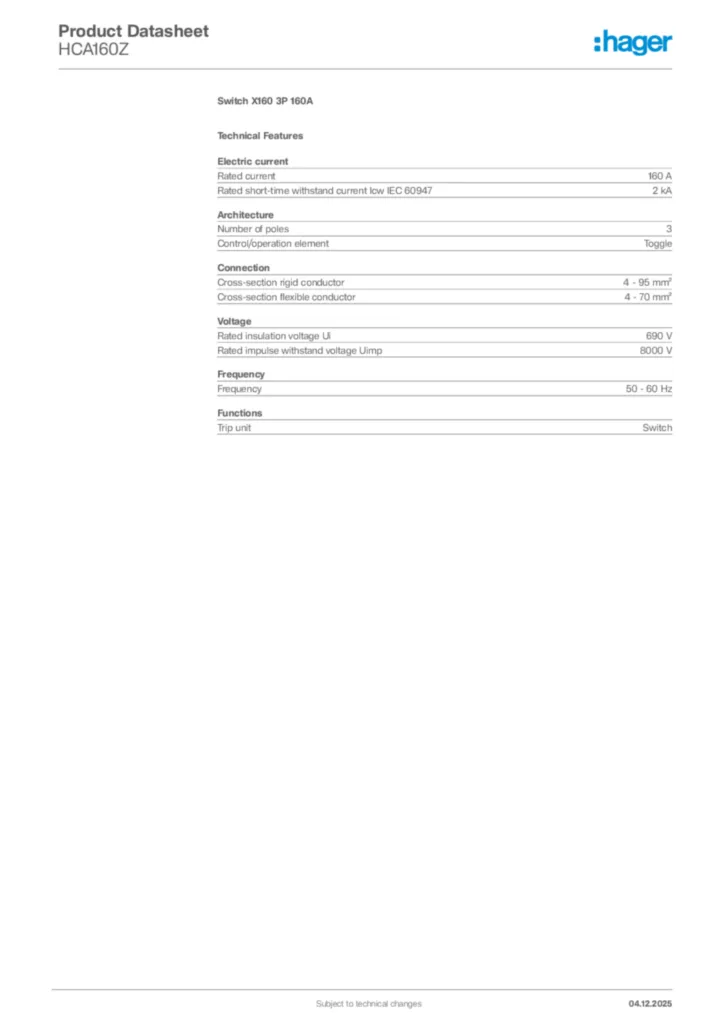 Image Hager Product data sheet HCA160Z  | Hager