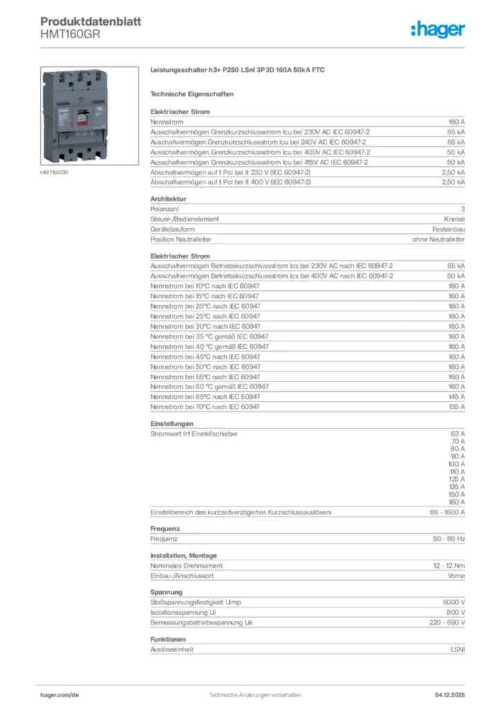 Bild Hager Produktdatenblatt HMT160GR | Hager Deutschland