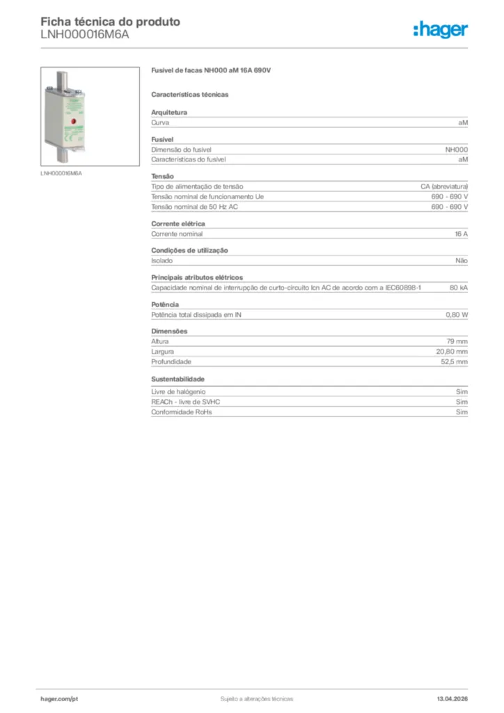 Imagem Hager Ficha técnica do produto LNH000016M6A | Hager Portugal