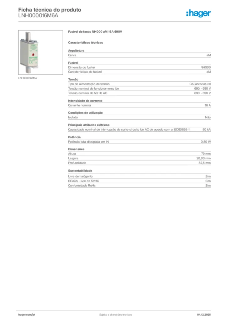 Imagem Hager Ficha técnica do produto LNH000016M6A | Hager Portugal