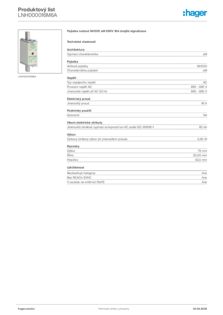 Obrázek Hager Product data sheet LNH000016M6A | Hager
