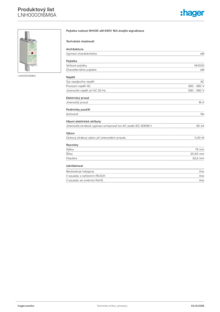 Obrázek Hager Product data sheet LNH000016M6A | Hager