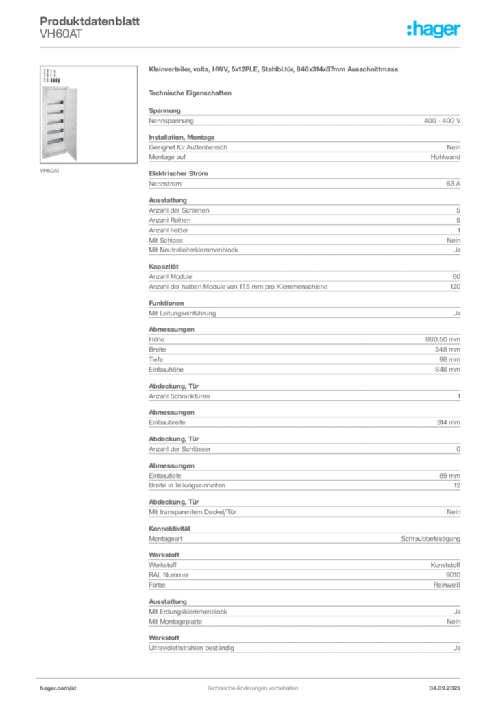 Bild Hager Produktdatenblatt VH60AT | Hager Deutschland
