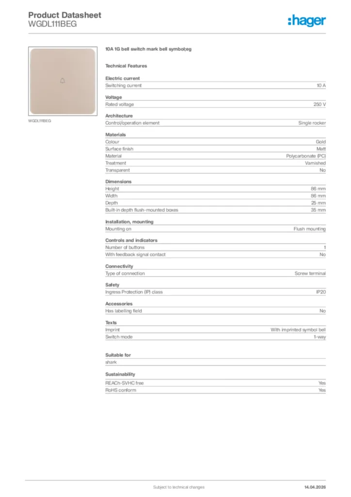Image Hager Product data sheet WGDL111BEG  | Hager
