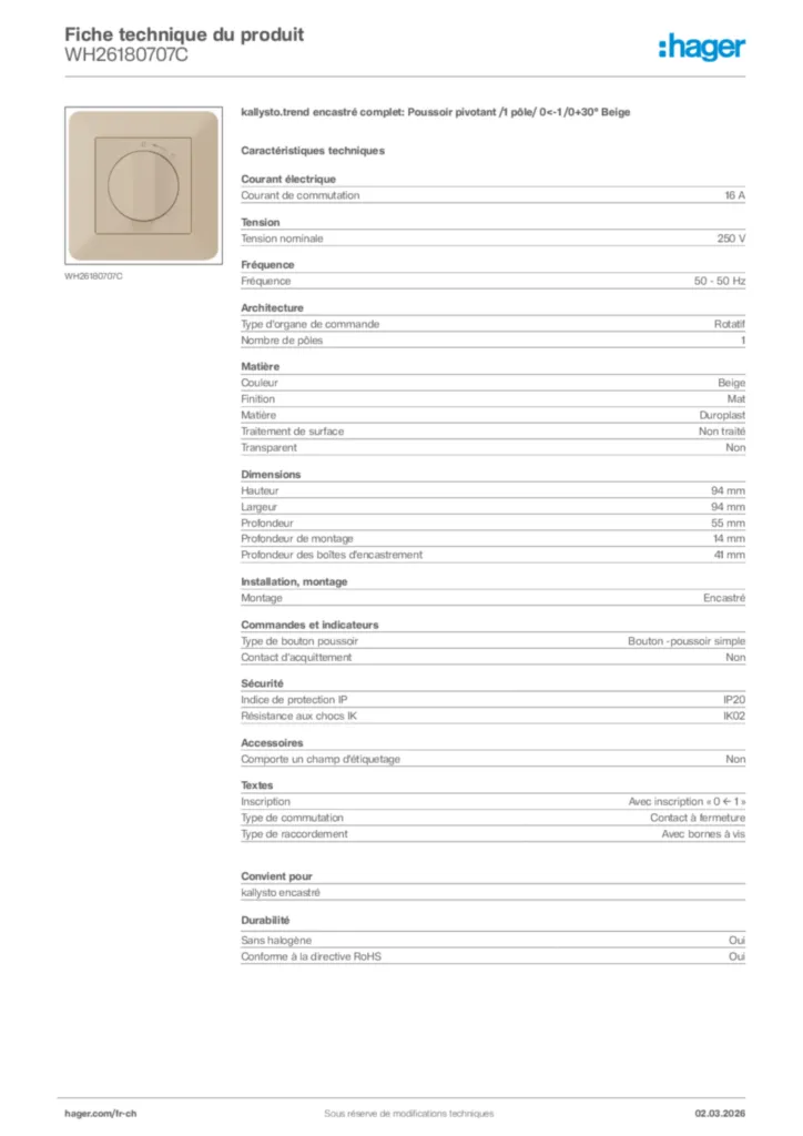 Image Hager Fiche technique du produit WH26180707C | Hager Suisse