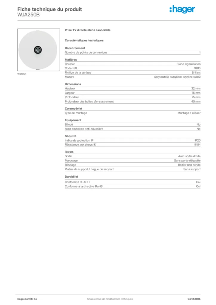 Image Hager Fiche technique du produit WJA250B | Hager Belgique