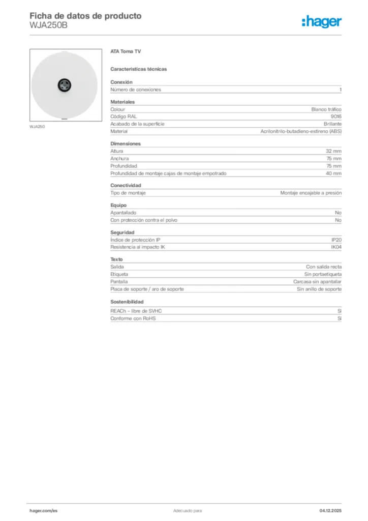 Imagen Hager Ficha de datos de producto WJA250B | Hager España