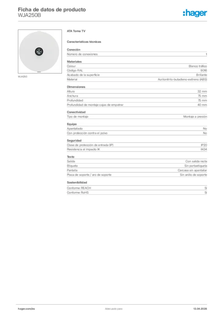 Imagen Hager Ficha de datos de producto WJA250B | Hager España