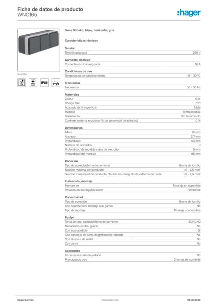 Imagen Hager Ficha de datos de producto WNC165 | Hager España