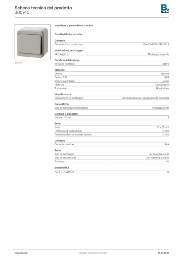 Immagine Berker Scheda tecnica del prodotto 300740 | Hager Italia