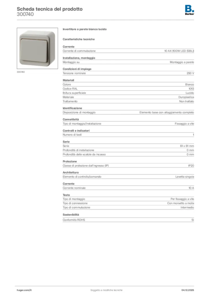 Immagine Berker Scheda tecnica del prodotto 300740 | Hager Italia