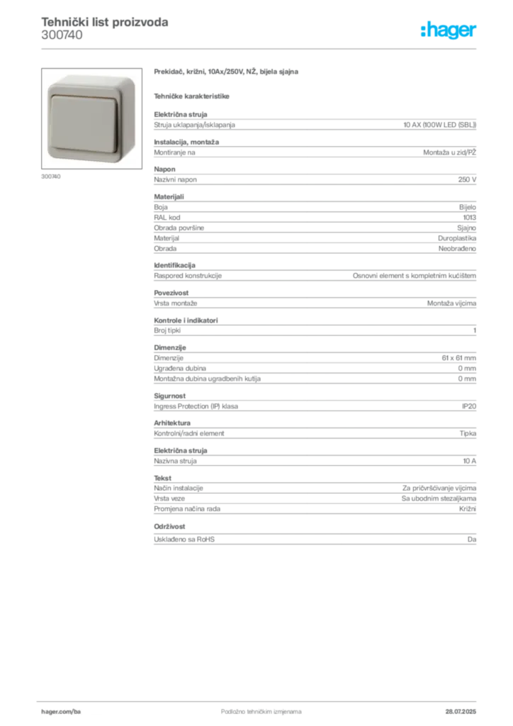 Slika Hager Product data sheet 300740  | Hager