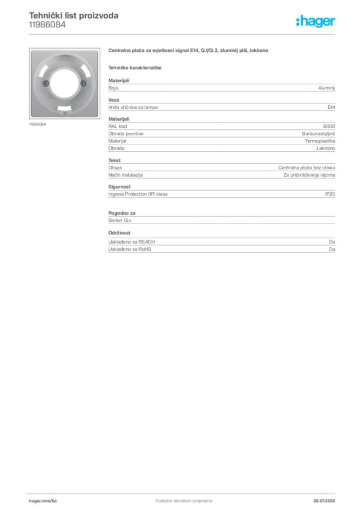 Slika Hager Product data sheet 11986084  | Hager