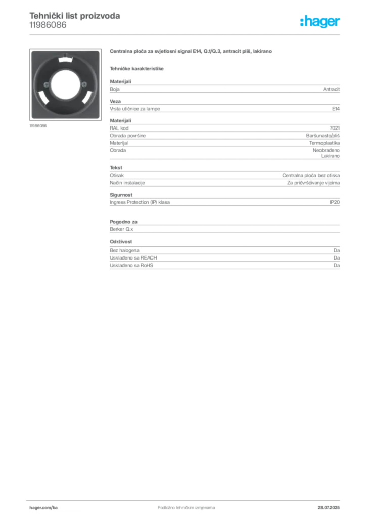 Slika Hager Product data sheet 11986086  | Hager