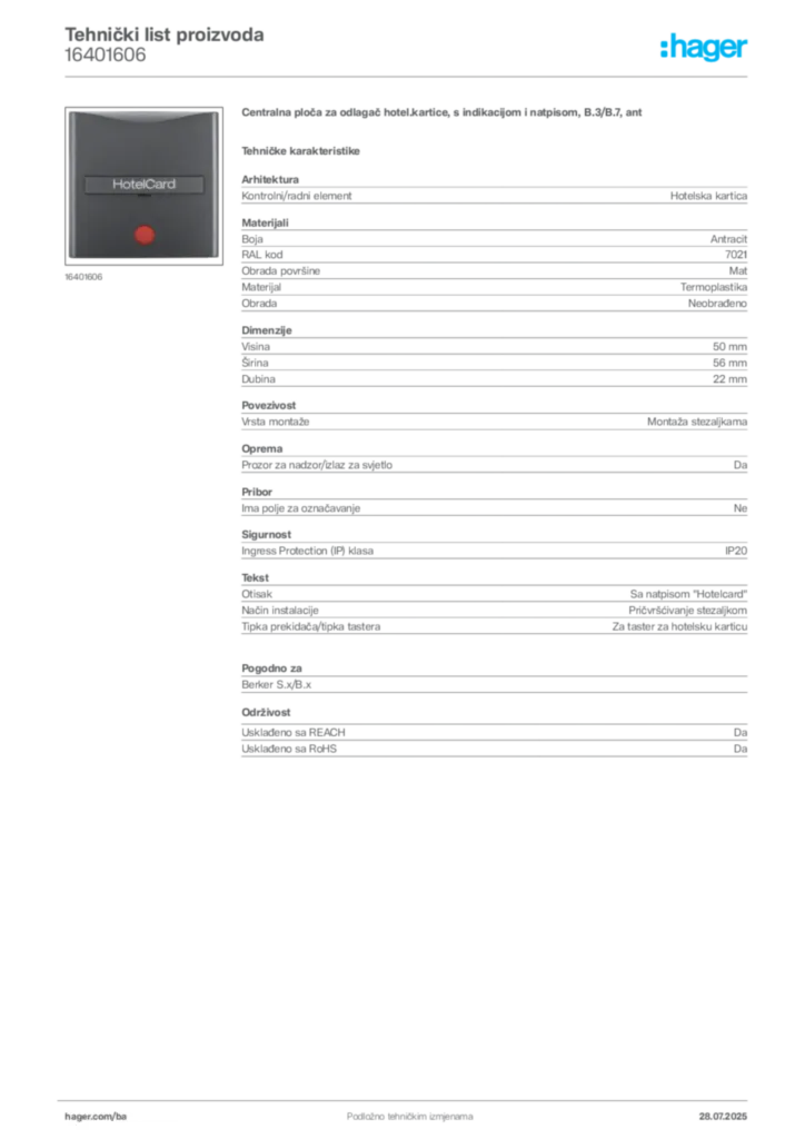 Slika Hager Product data sheet 16401606  | Hager