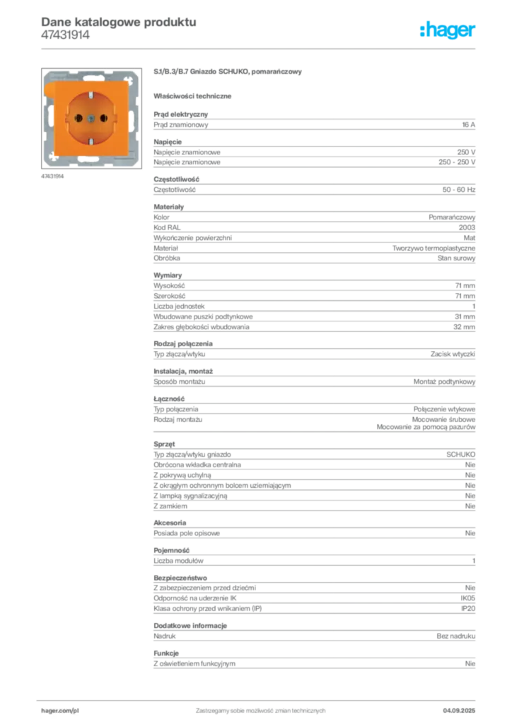 Zdjęcie Hager Dane katalogowe produktu 47431914 | Hager Polska