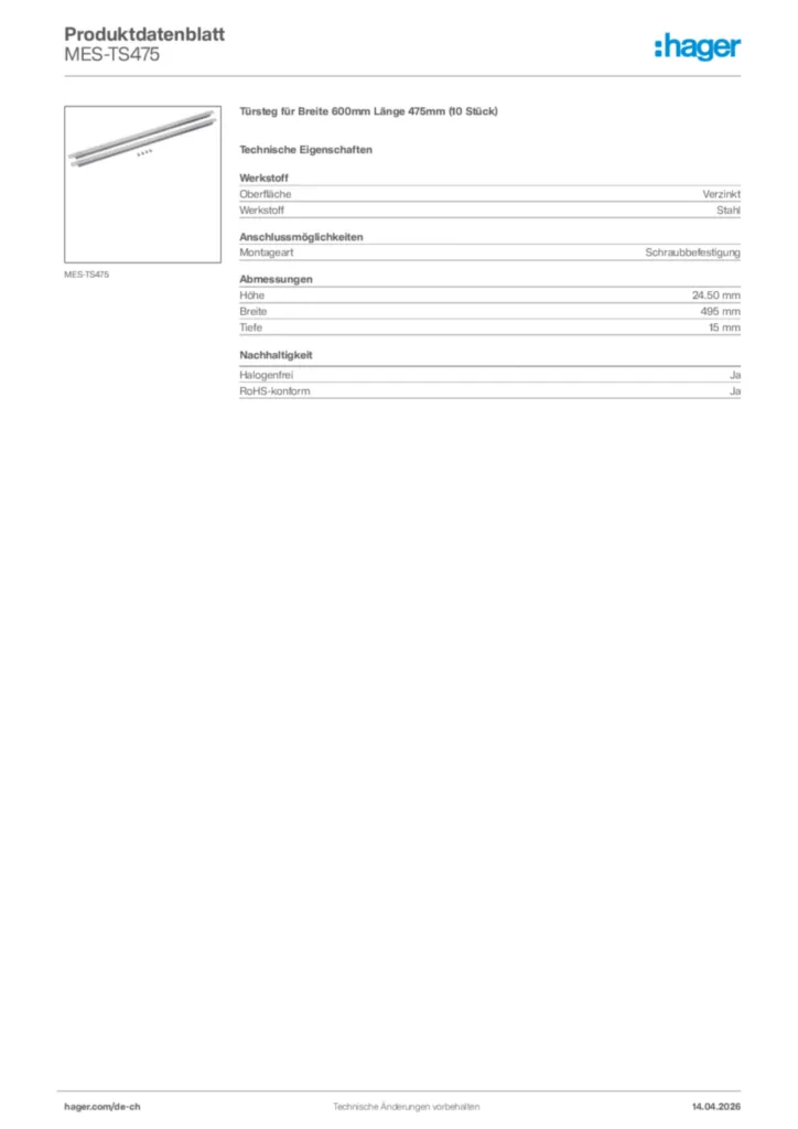 Bild Hager Produktdatenblatt MES-TS475 | Hager Schweiz