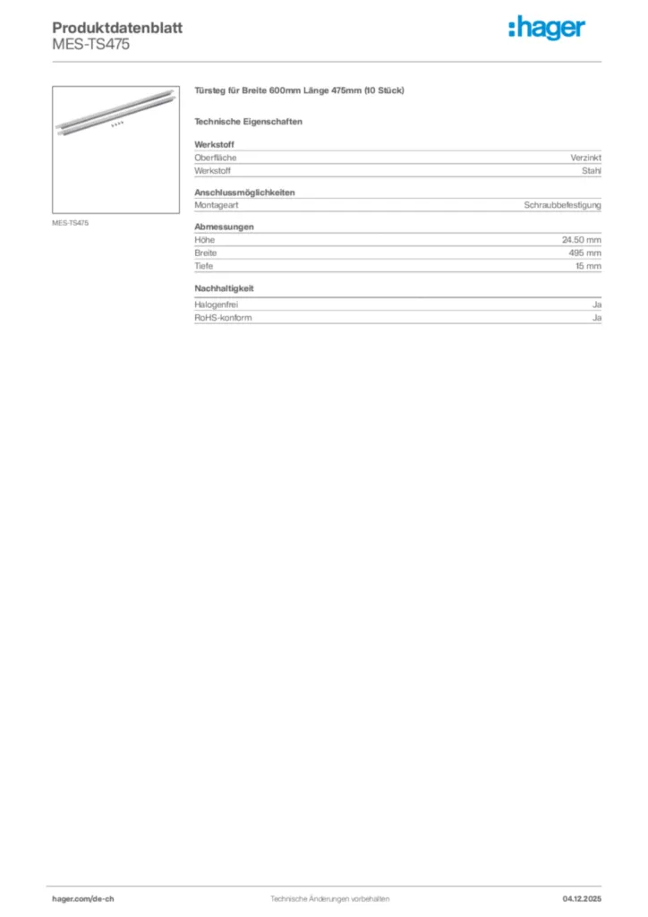 Bild Hager Produktdatenblatt MES-TS475 | Hager Schweiz