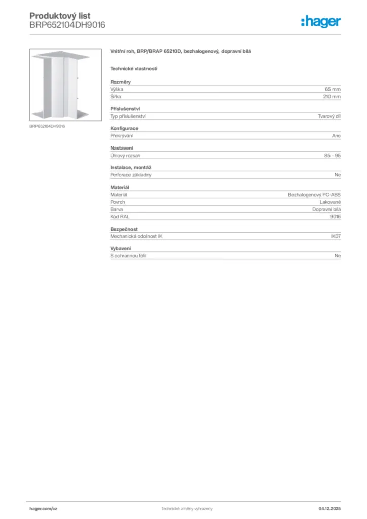 Obrázek Hager Produktový list BRP652104DH9016 | Hager