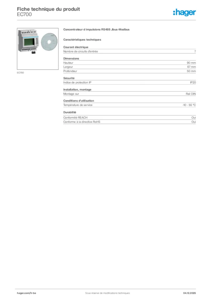 Image Hager Fiche technique du produit EC700 | Hager Belgique