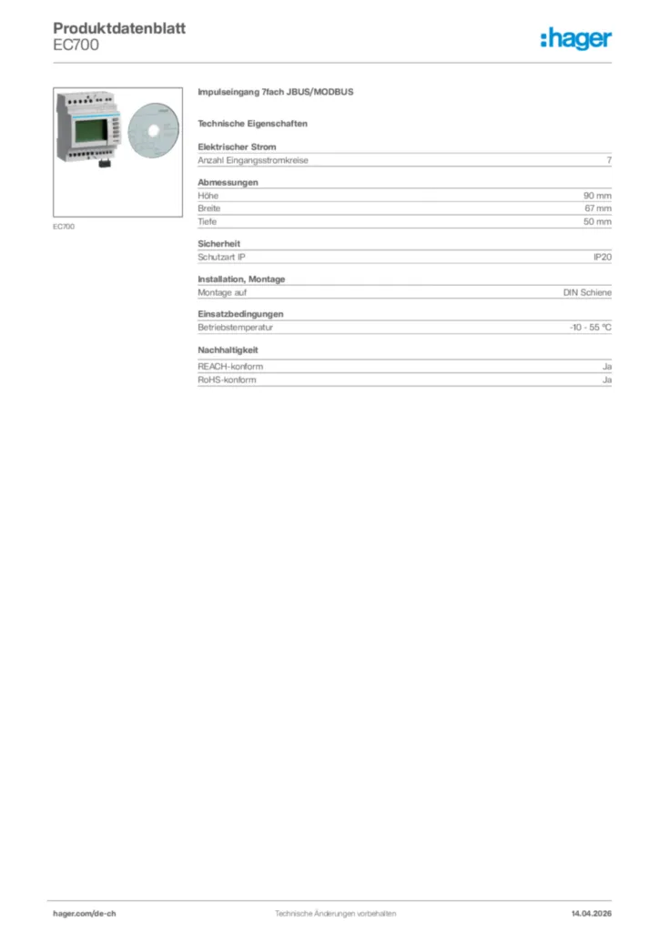 Bild Hager Produktdatenblatt EC700 | Hager Schweiz
