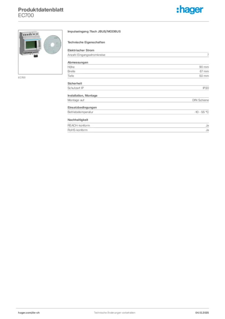 Bild Hager Produktdatenblatt EC700 | Hager Schweiz