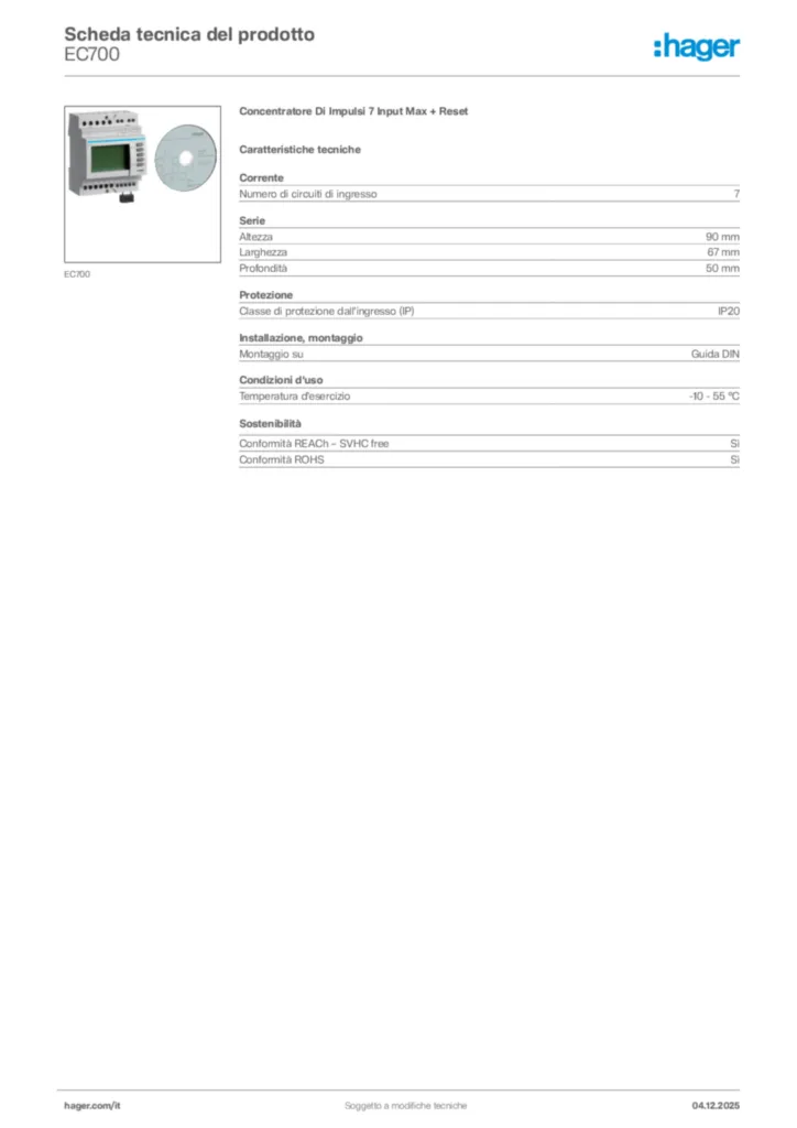 Immagine Hager Scheda tecnica del prodotto EC700 | Hager Italia