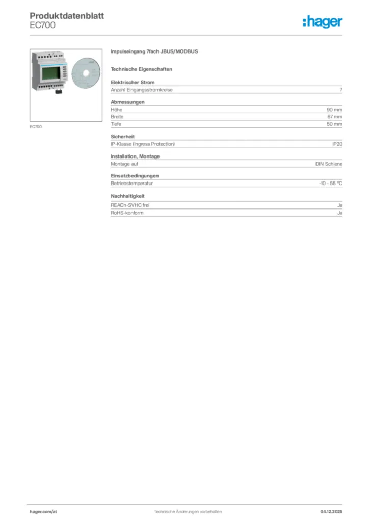 Bild Hager Produktdatenblatt EC700 | Hager Deutschland