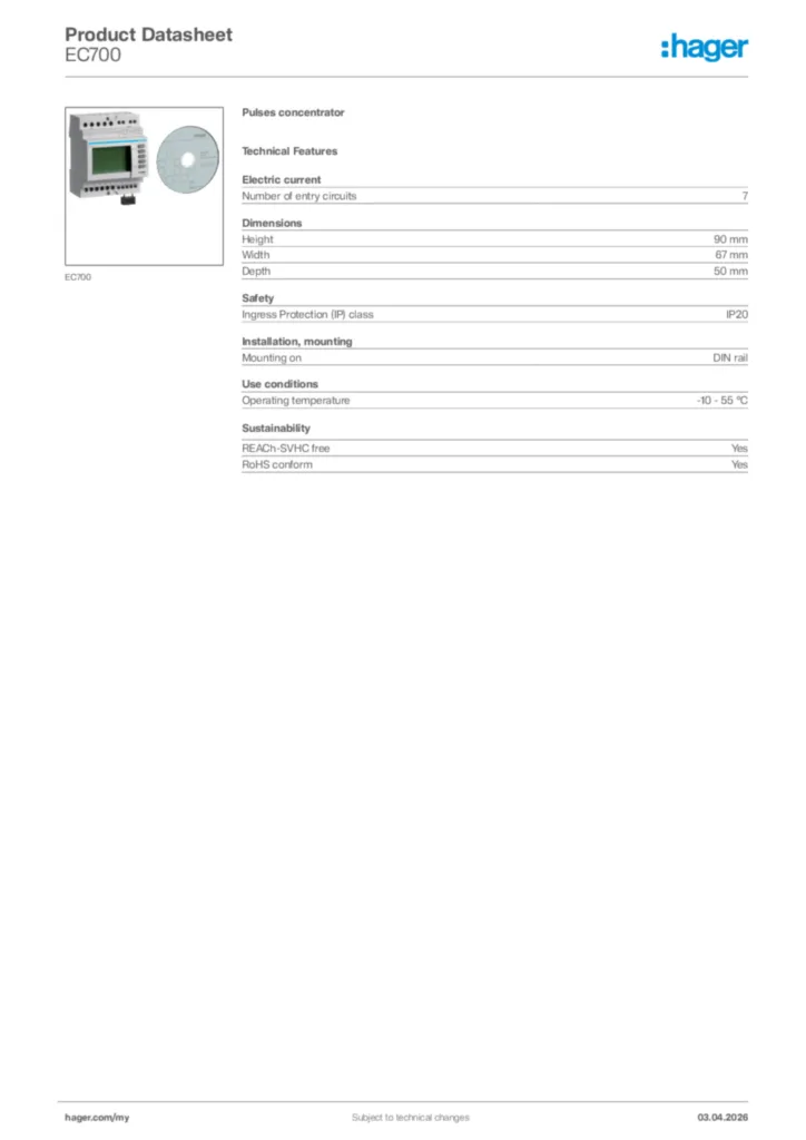 Image Hager Product data sheet EC700  | Hager