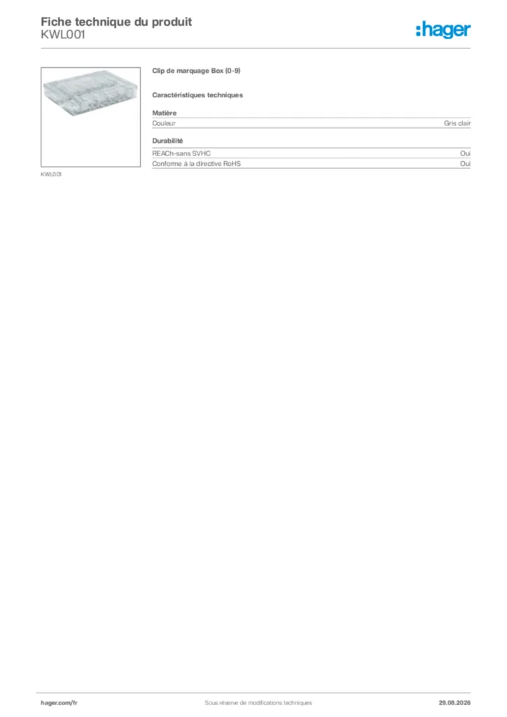 Image Hager Fiche technique du produit KWL001 | Hager France