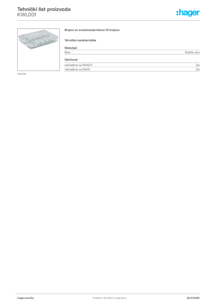 Slika Hager Product data sheet KWL001  | Hager
