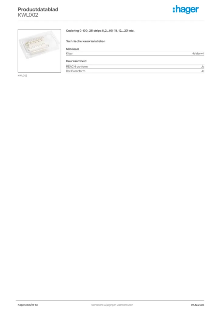 Afbeelding Hager Productdatablad KWL002 | Hager Belgium