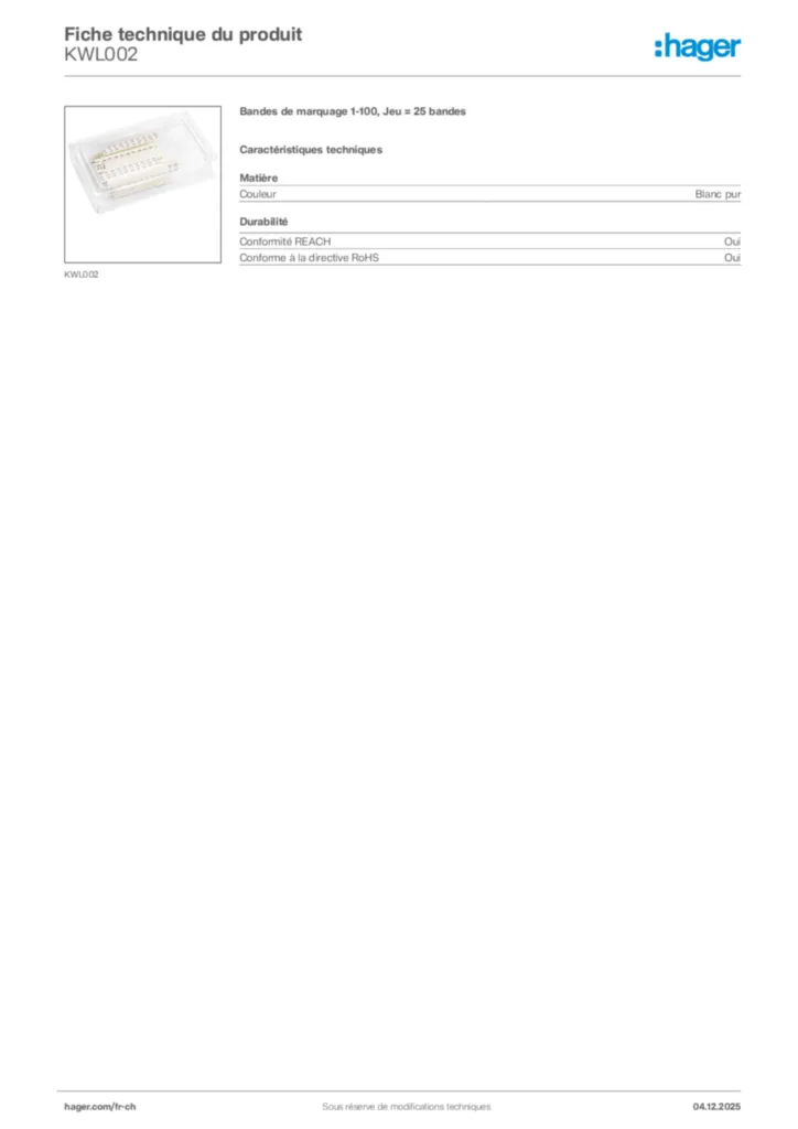 Image Hager Fiche technique du produit KWL002 | Hager Suisse